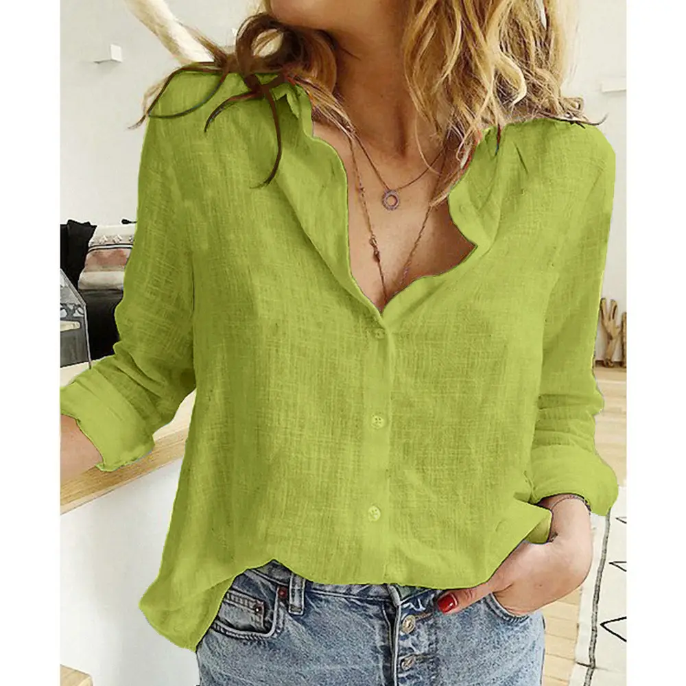 Women Linen Casual Shirt Yellow Button Front Plus Size - Image 13