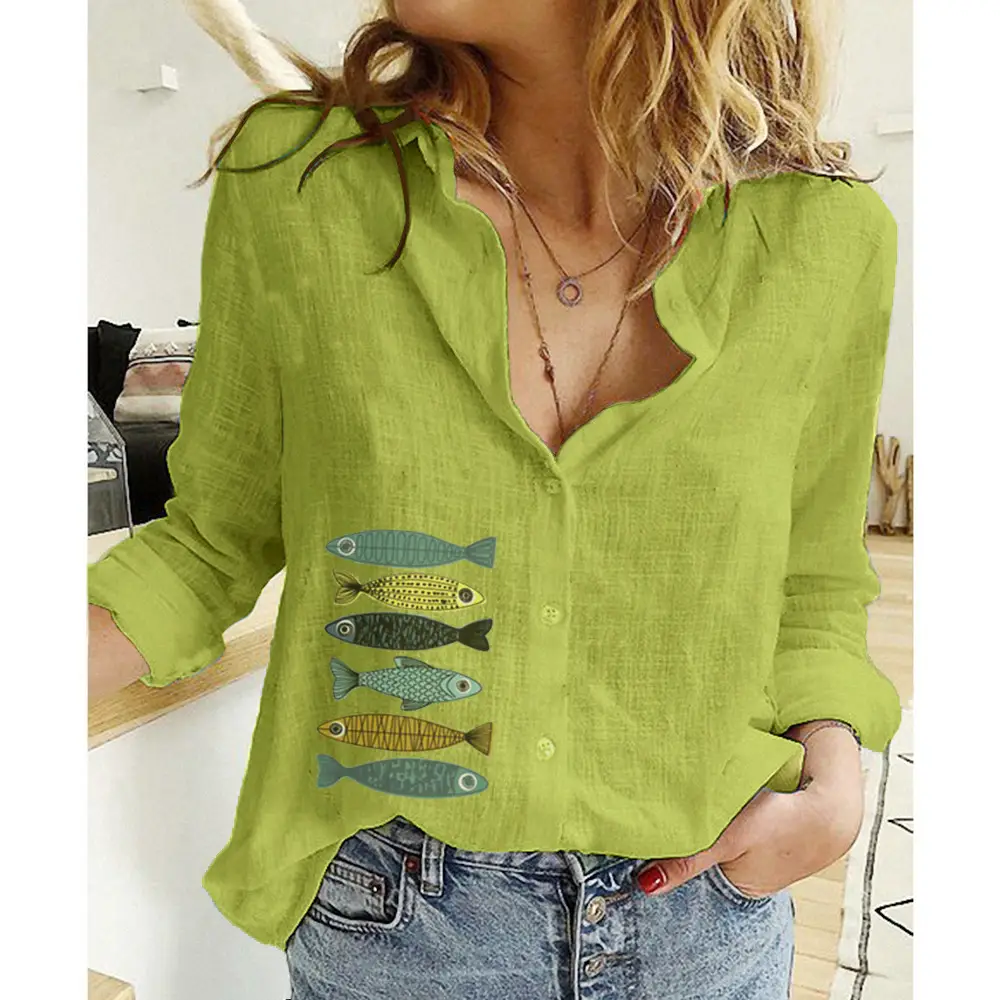 Women Linen Casual Shirt Yellow Button Front Plus Size - Image 26
