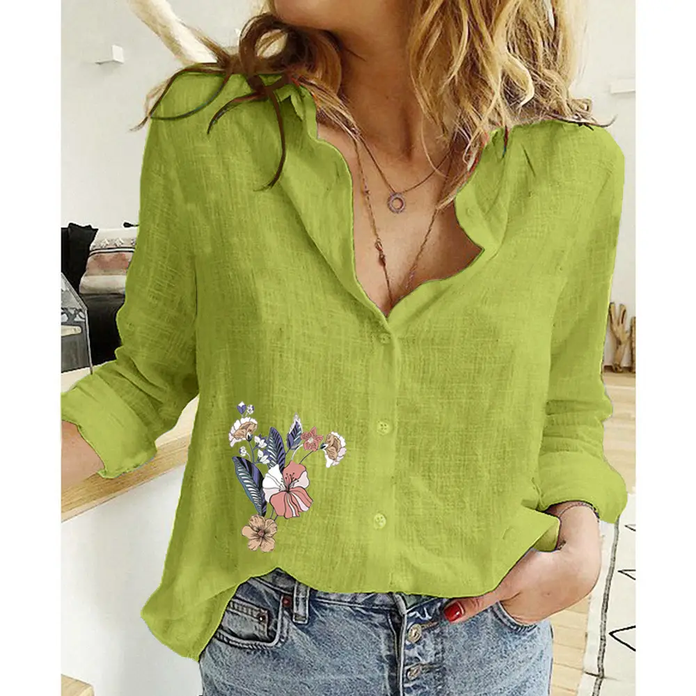 Women Linen Casual Shirt Yellow Button Front Plus Size - Image 47