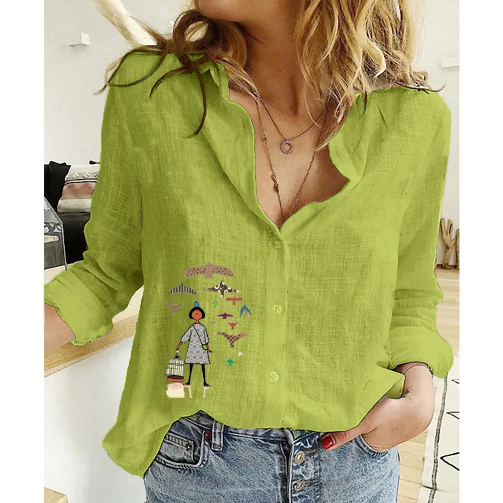 Women Linen Casual Shirt Yellow Button Front Plus Size - Image 54