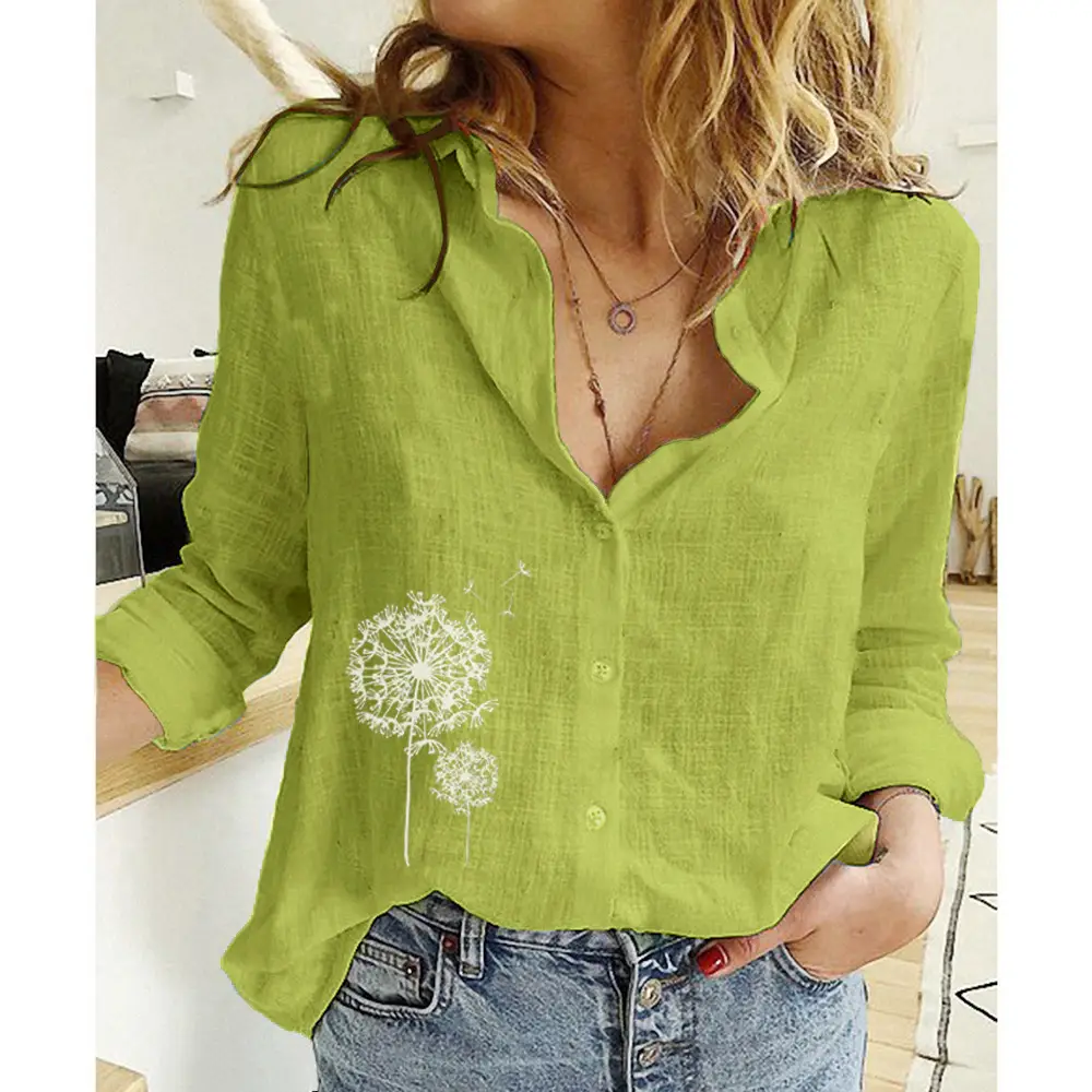 Women Linen Casual Shirt Yellow Button Front Plus Size - Image 89