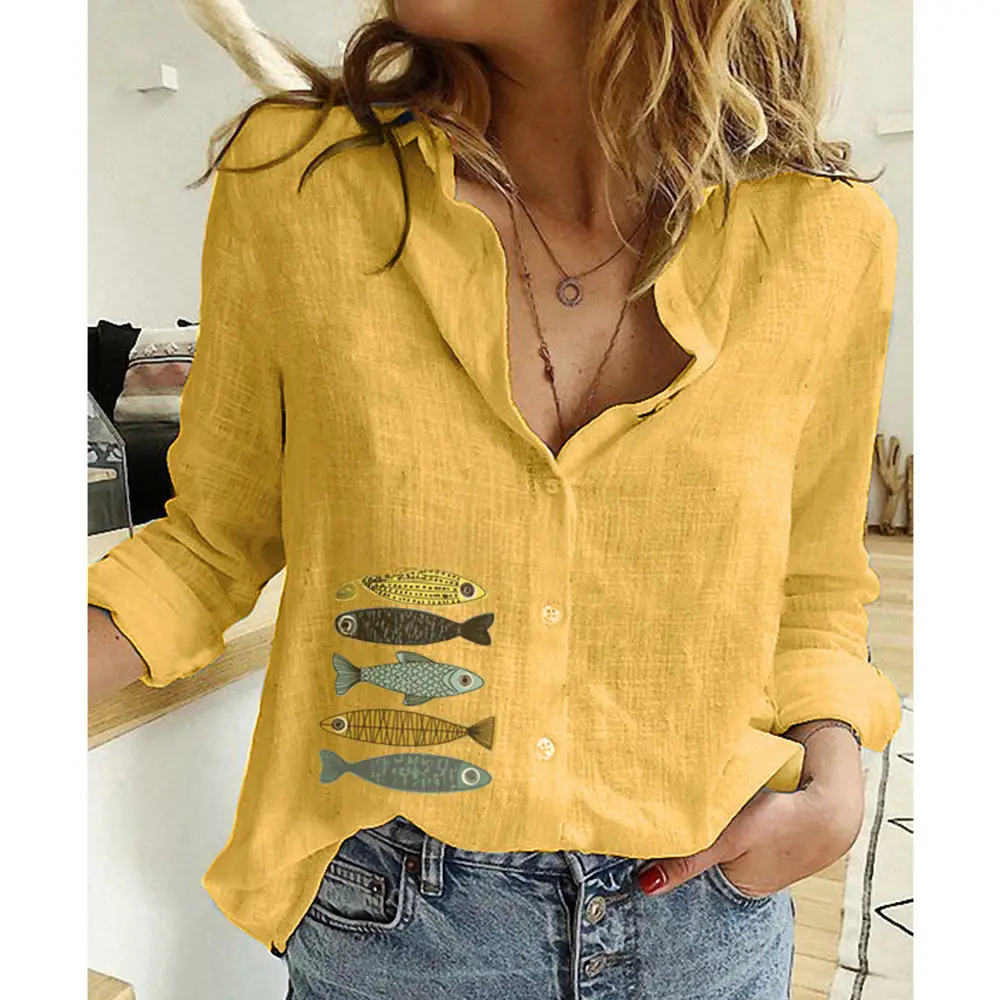 Women Linen Casual Shirt Yellow Button Front Plus Size - Image 42