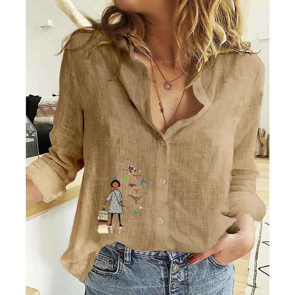 Women Linen Casual Shirt Yellow Button Front Plus Size - Image 55