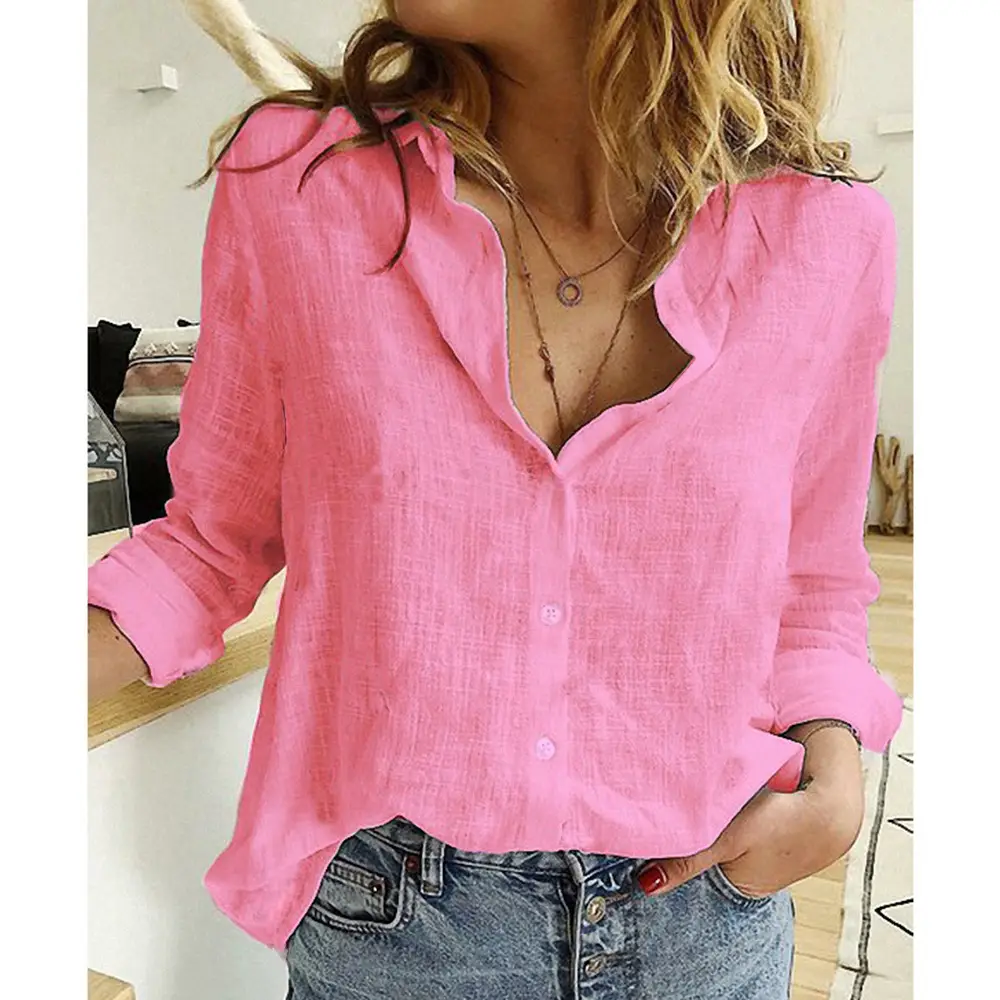 Women Linen Casual Shirt Yellow Button Front Plus Size - Image 8