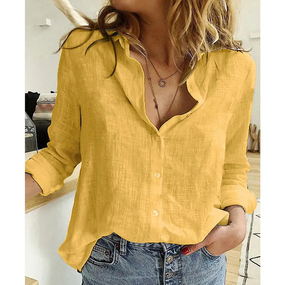 Women Linen Casual Shirt Yellow Button Front Plus Size - Image 11