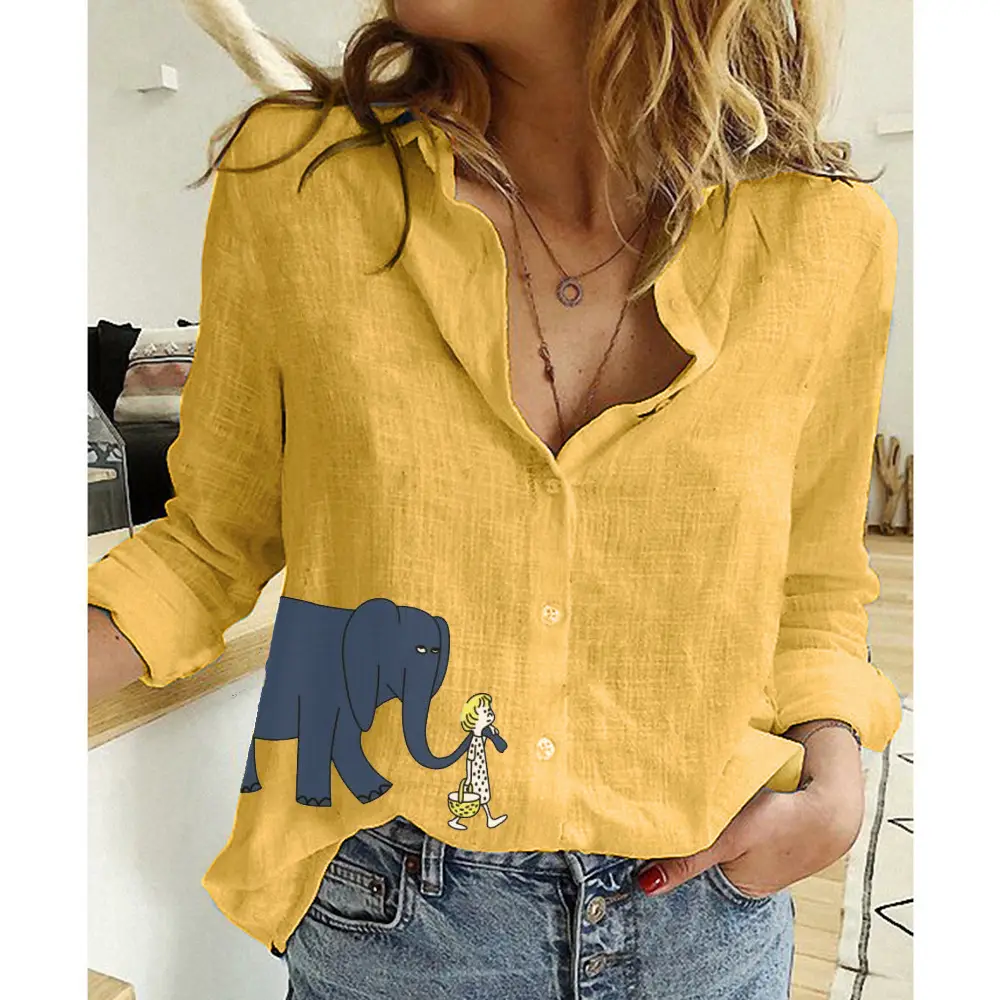 Women Linen Casual Shirt Yellow Button Front Plus Size - Image 77