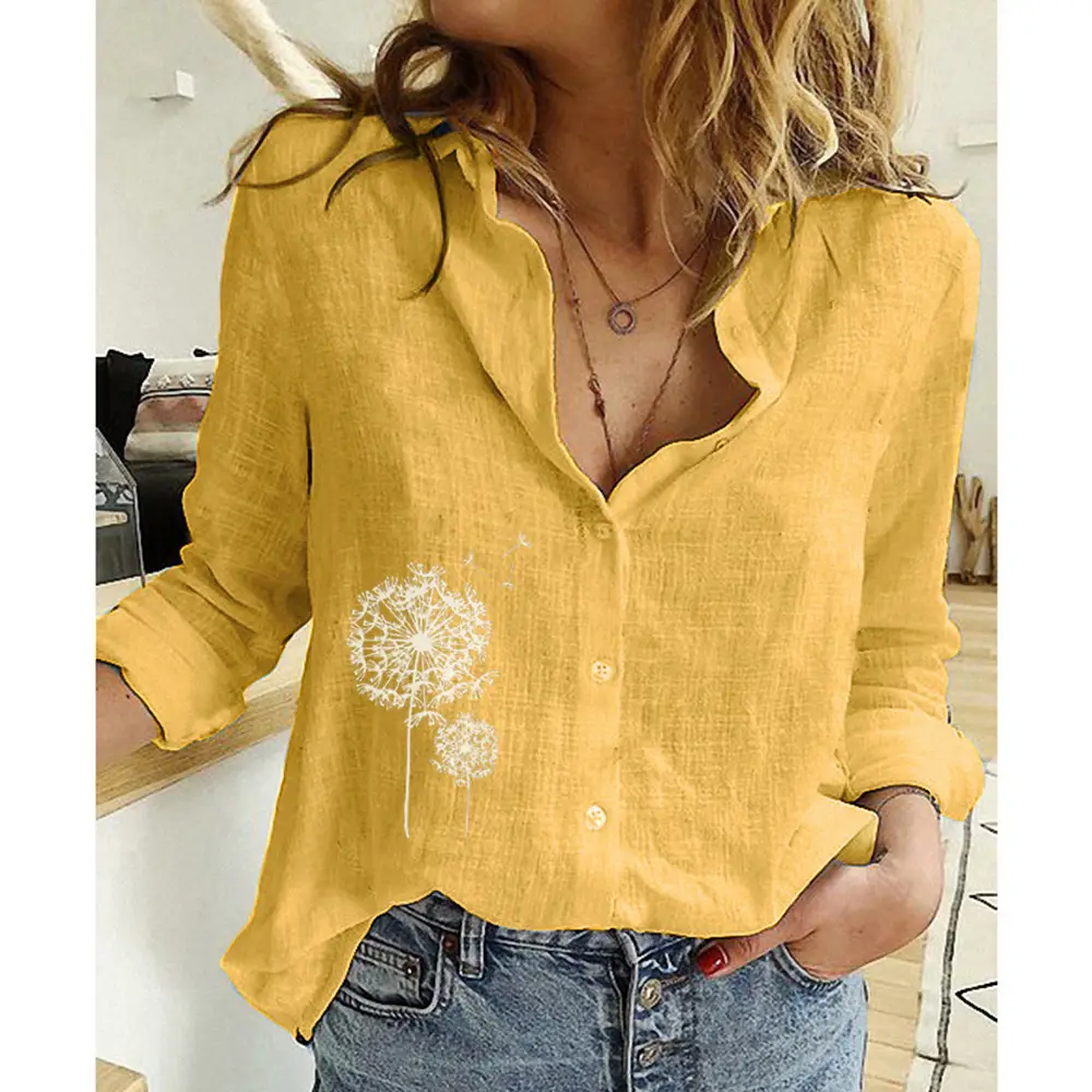 Women Linen Casual Shirt Yellow Button Front Plus Size - Image 87