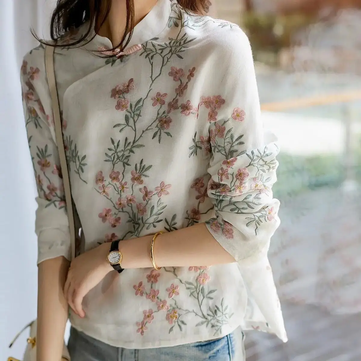 Women Chinoiserie Cheongsam Top Peach Blossom Long Sleeve