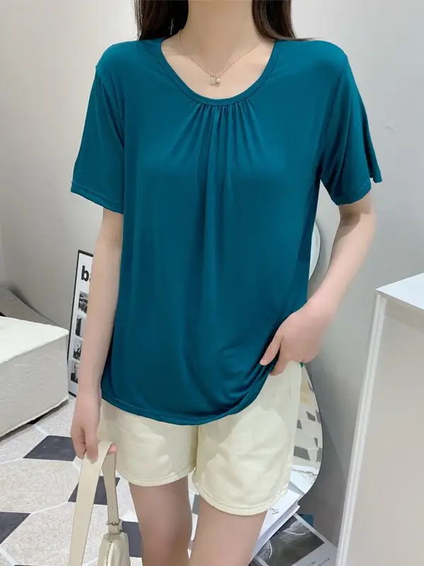Women Light Blue Pleated T-Shirt Summer Loose Slimming