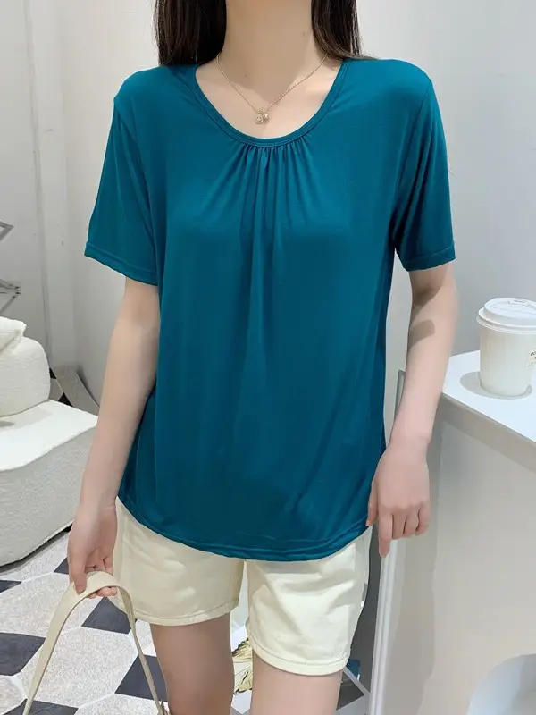 Women Light Blue Pleated T-Shirt Summer Loose Slimming