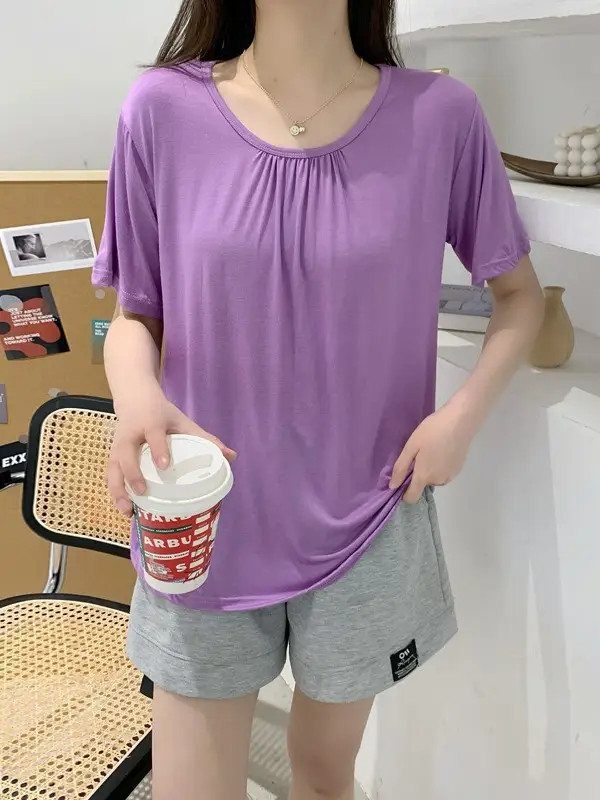 Women Light Blue Pleated T-Shirt Summer Loose Slimming