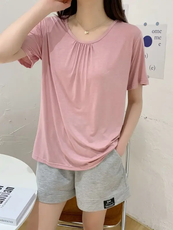 Women Light Blue Pleated T-Shirt Summer Loose Slimming