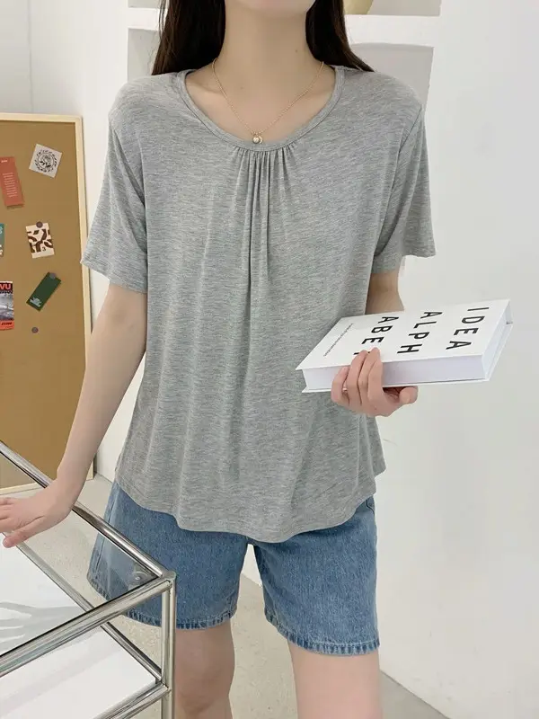 Women Light Blue Pleated T-Shirt Summer Loose Slimming