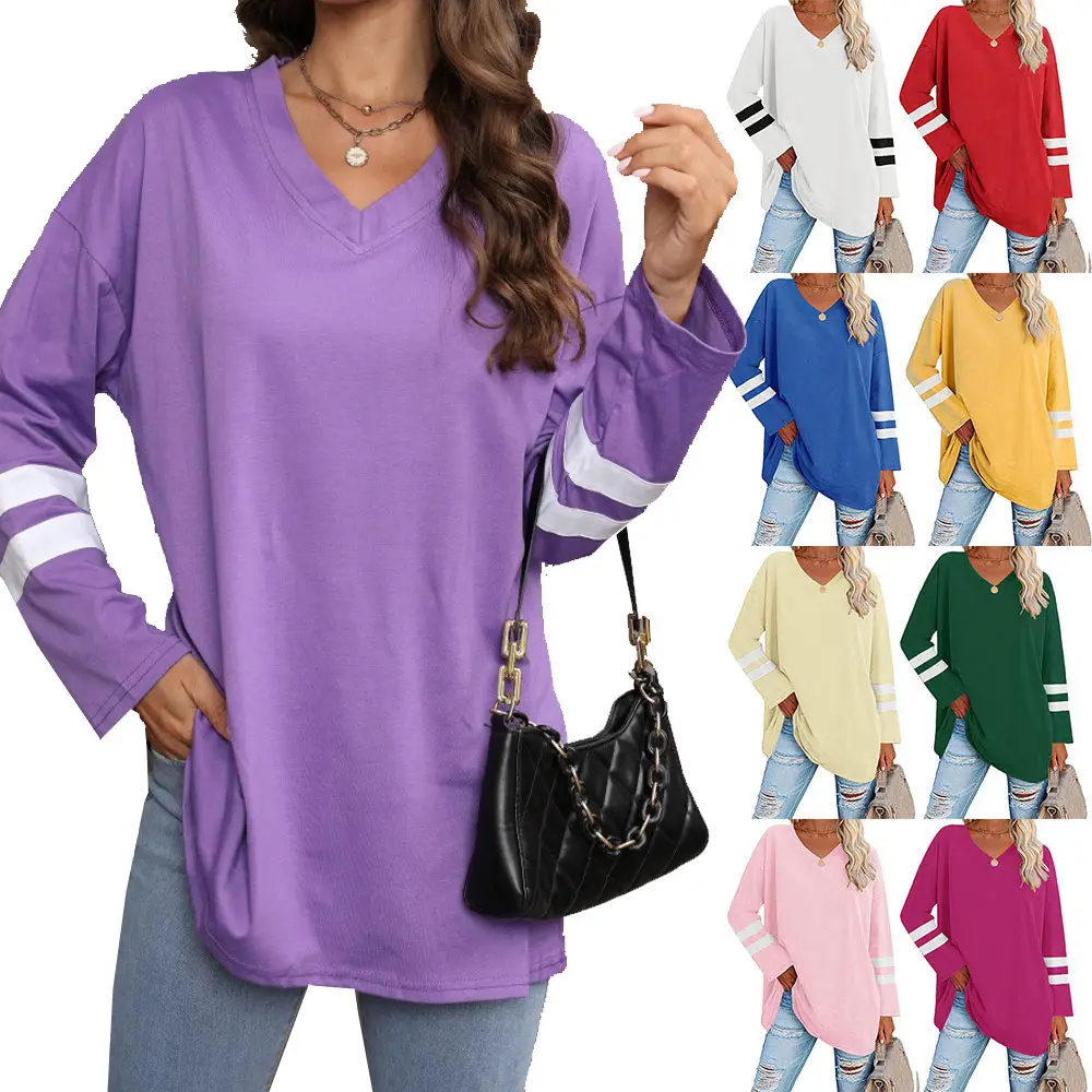 Women's Grey V-Neck T-Shirt with White Stripes - Image 16
