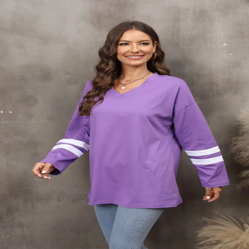 Women's Grey V-Neck T-Shirt with White Stripes - Image 19