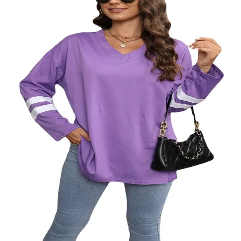 Women's Grey V-Neck T-Shirt with White Stripes - Image 20