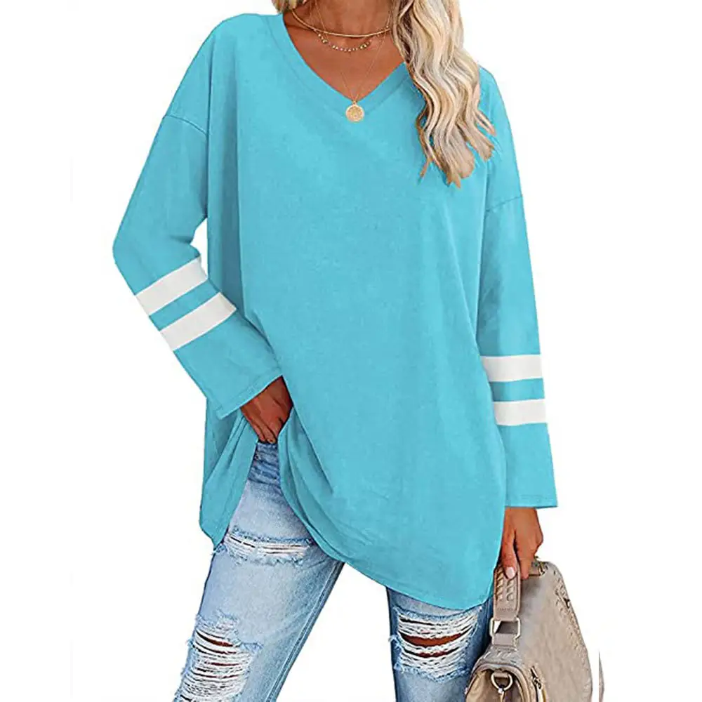 Women's Grey V-Neck T-Shirt with White Stripes - Image 12