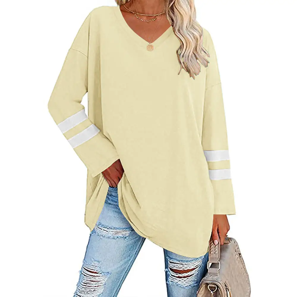 Women's Grey V-Neck T-Shirt with White Stripes - Image 15