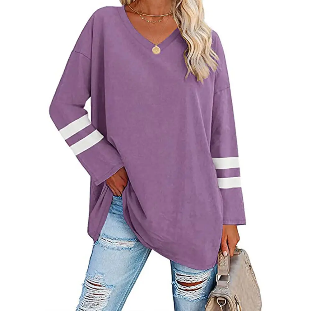 Women's Grey V-Neck T-Shirt with White Stripes - Image 3