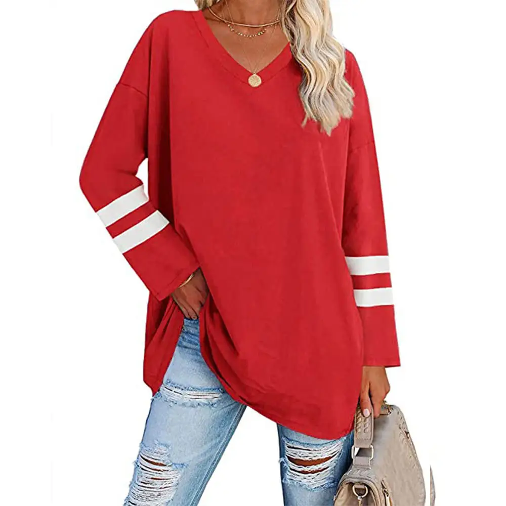 Women's Grey V-Neck T-Shirt with White Stripes - Image 4