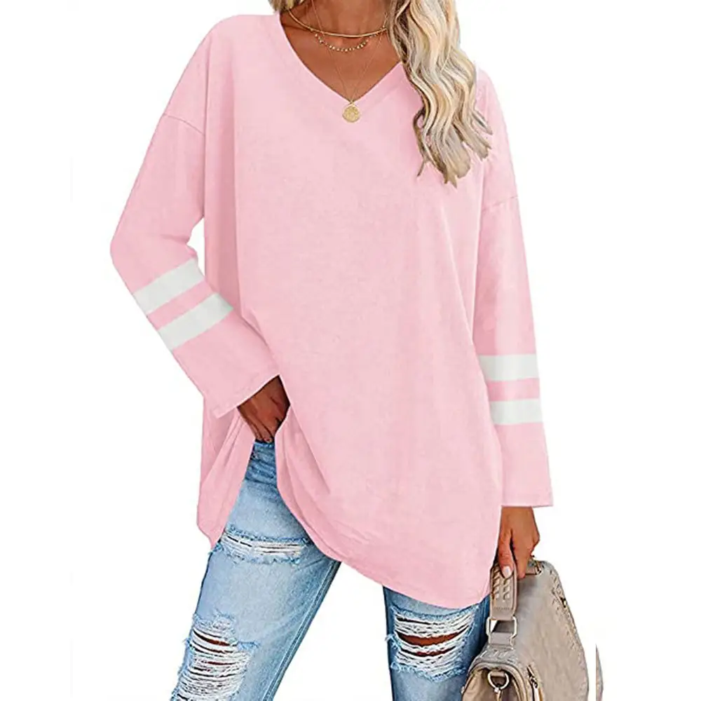 Women's Grey V-Neck T-Shirt with White Stripes - Image 6