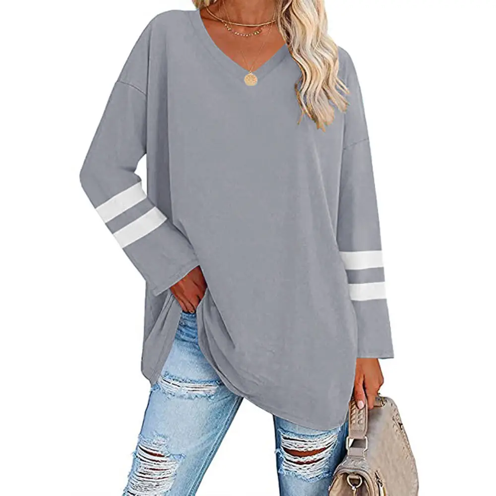 Women's Grey V-Neck T-Shirt with White Stripes - Image 8