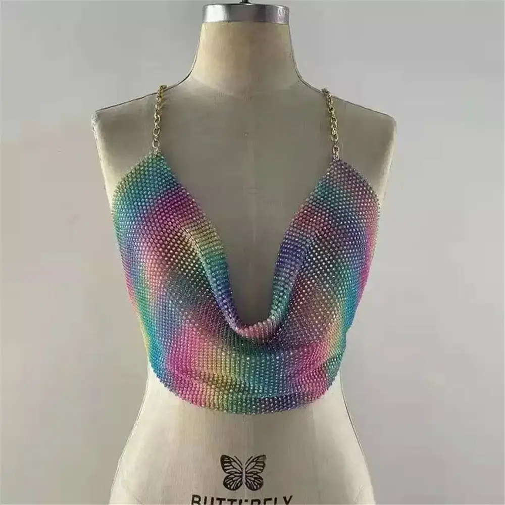 Summer Rhinestone Fishnet Tank Top Off Shoulder Backless