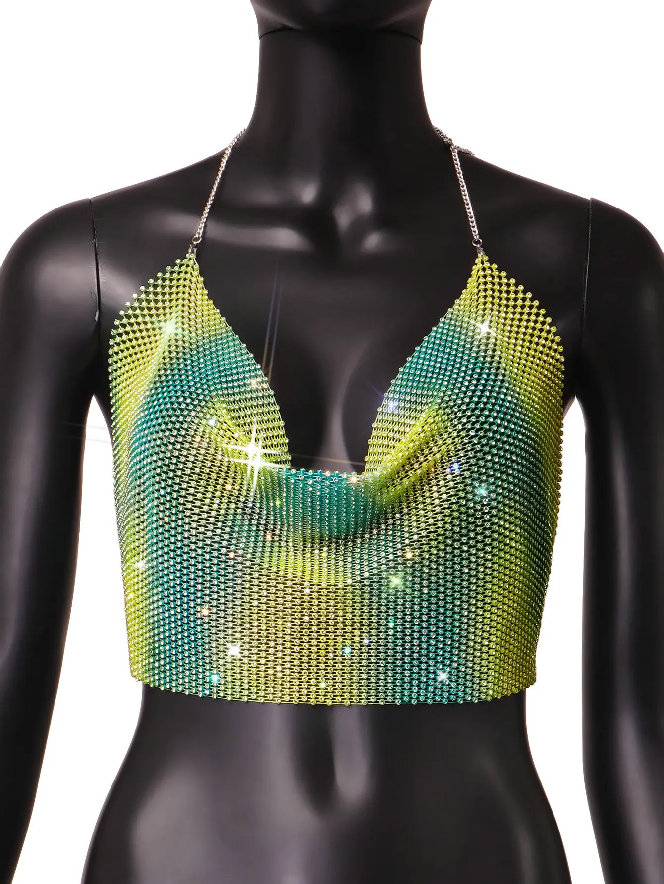 Summer Rhinestone Fishnet Tank Top Off Shoulder Backless
