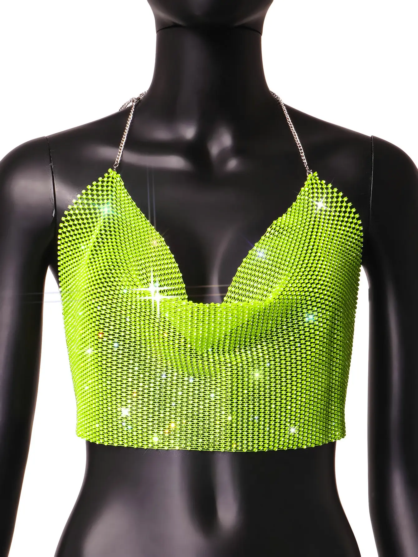 Summer Rhinestone Fishnet Tank Top Off Shoulder Backless