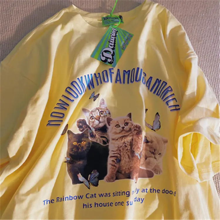Retro Cat Print Oversize T-Shirt Black