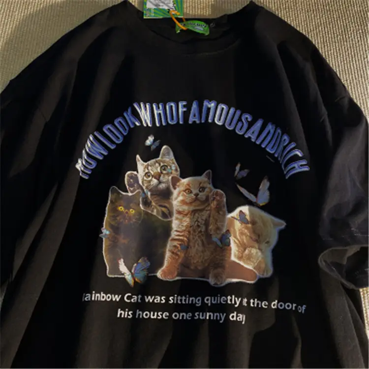 Retro Cat Print Oversize T-Shirt Black