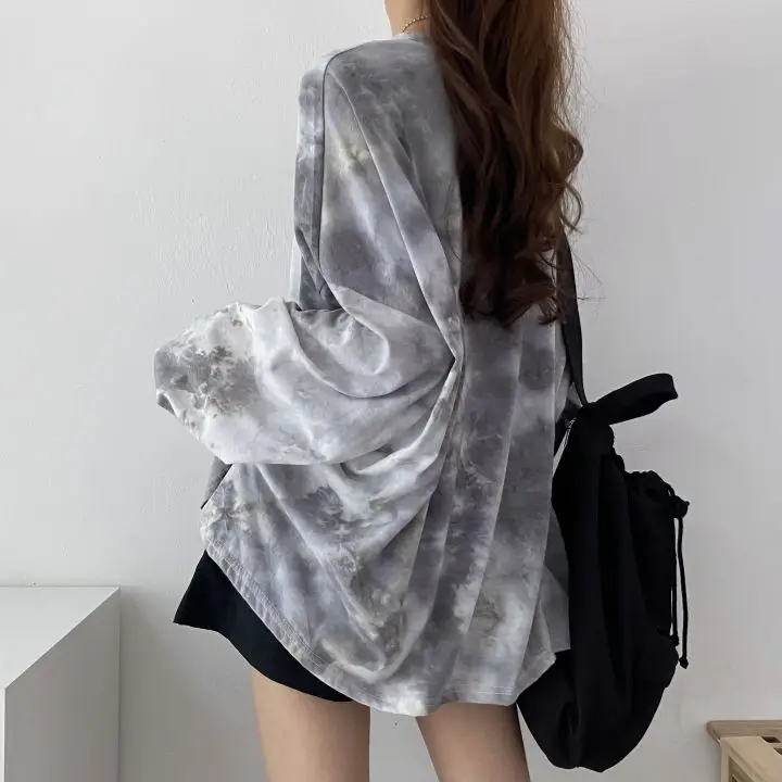 Women Tie Dye Cotton Long Sleeve Grey Plus Size T-Shirt - Image 2