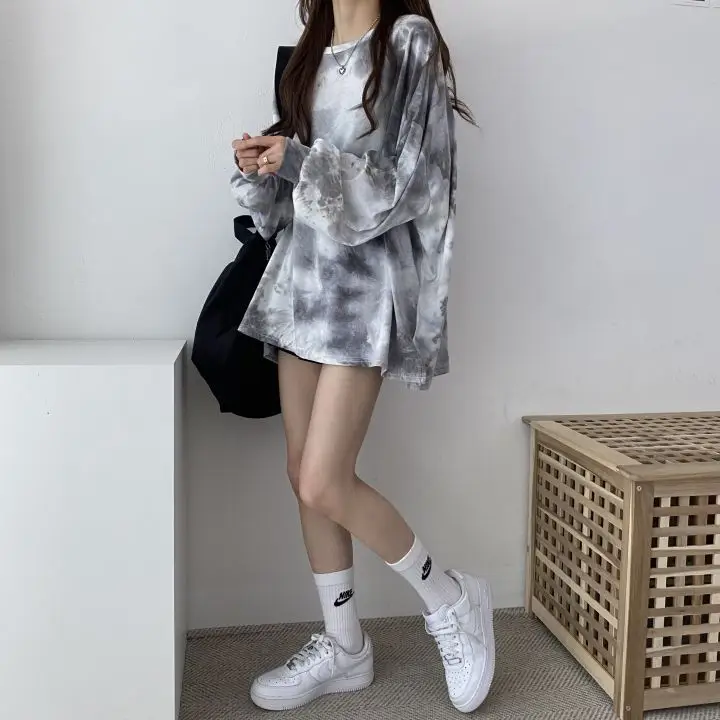 Women Tie Dye Cotton Long Sleeve Grey Plus Size T-Shirt - Image 4