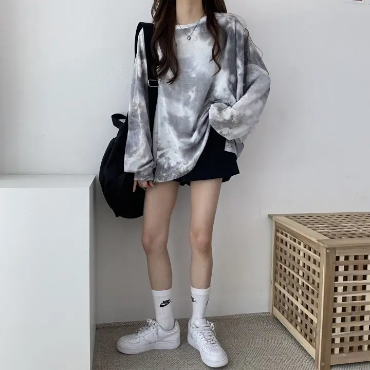 Women Tie Dye Cotton Long Sleeve Grey Plus Size T-Shirt - Image 5