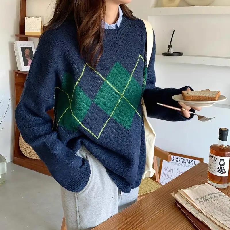 Women Long Sleeve Sweater Blue Green Diamond Loose Round Neck - Image 5
