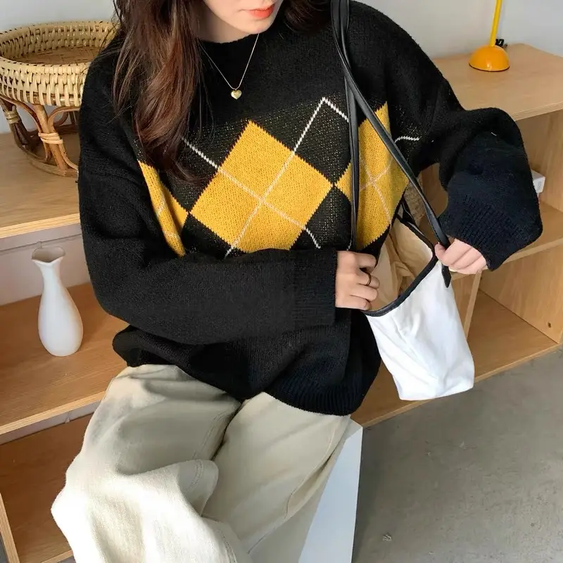 Women Long Sleeve Sweater Blue Green Diamond Loose Round Neck - Image 6