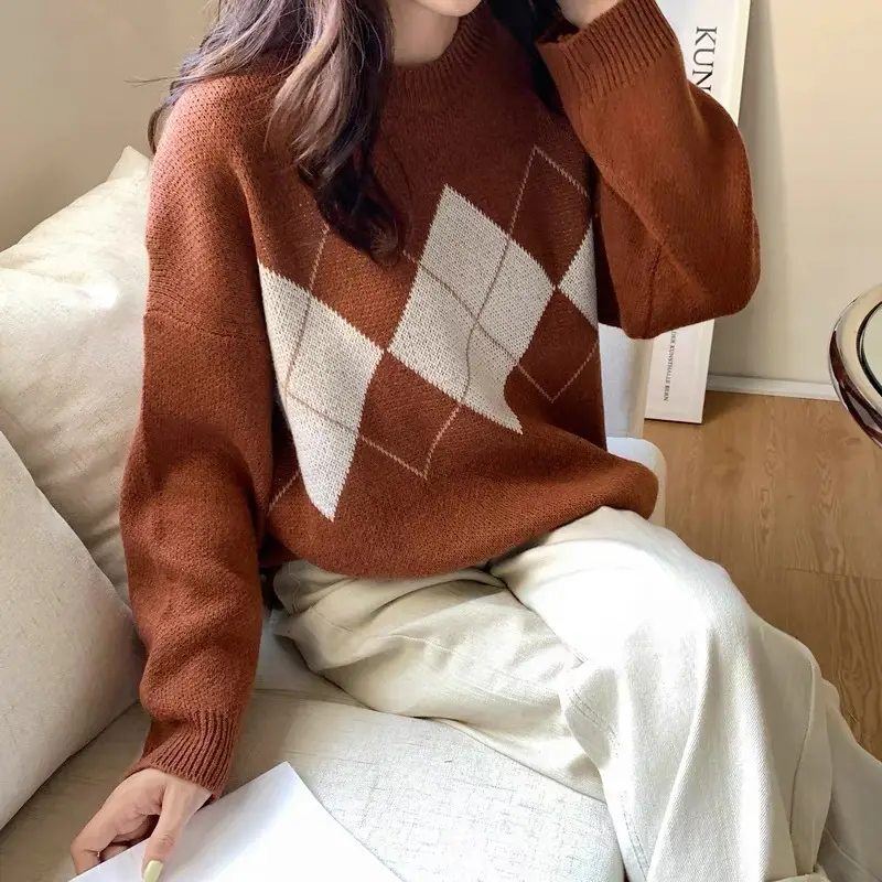 Women Long Sleeve Sweater Blue Green Diamond Loose Round Neck - Image 7
