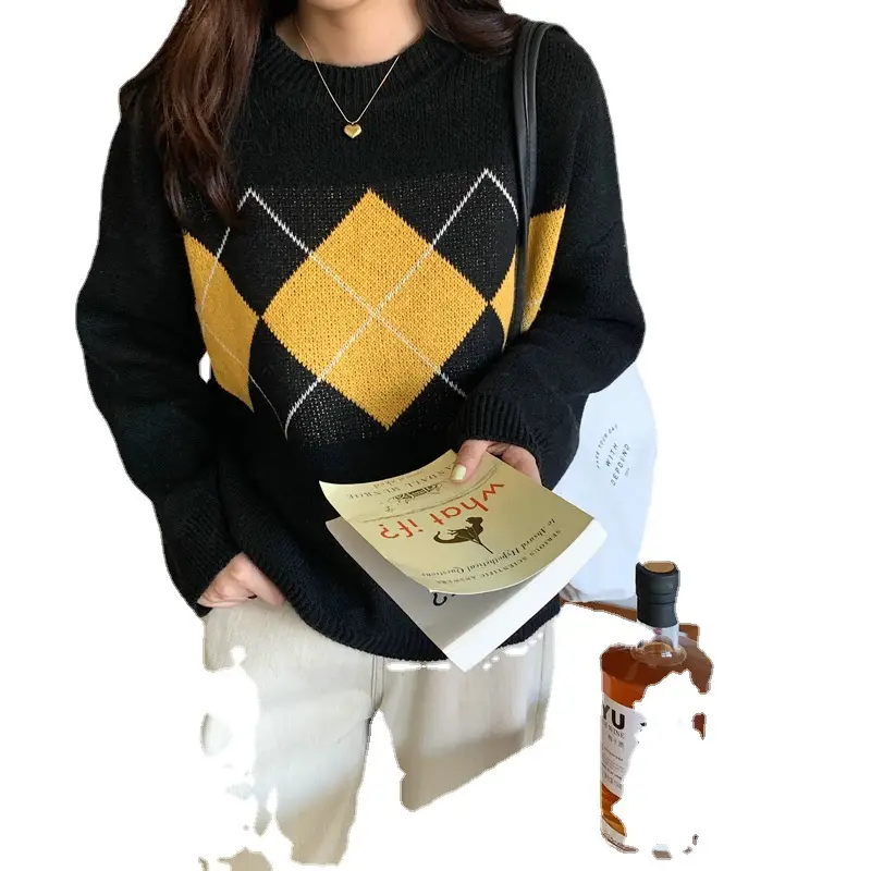 Women Long Sleeve Sweater Blue Green Diamond Loose Round Neck - Image 8