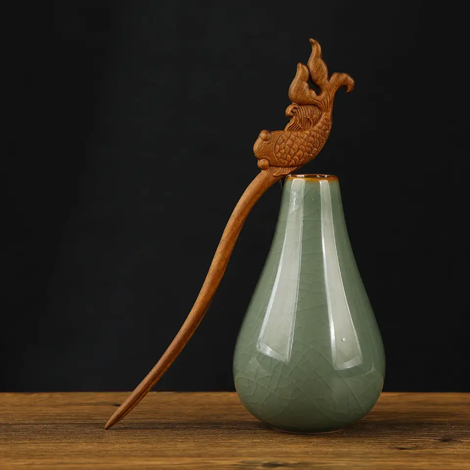 Chinese Hanfu Hairpin with Dragon Design Green Sandalwood
