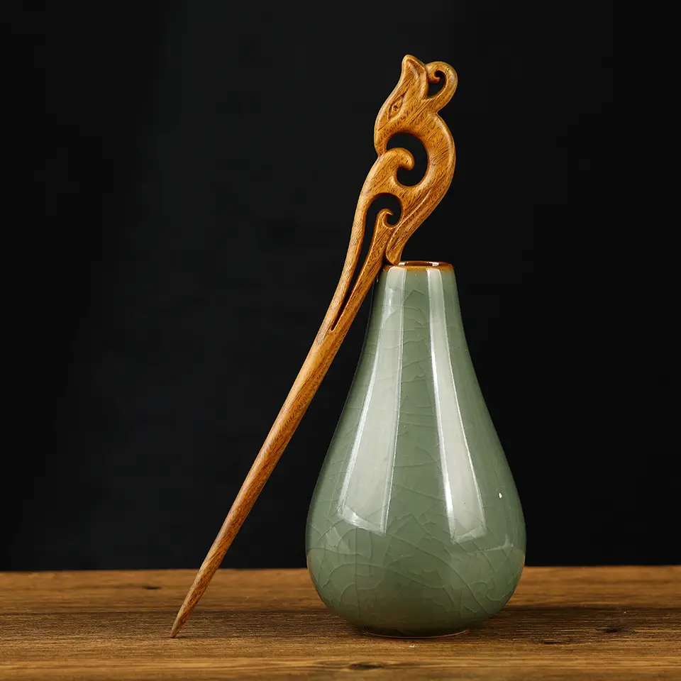 Chinese Hanfu Hairpin with Dragon Design Green Sandalwood