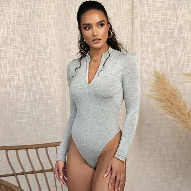 2023 White Fleece Zipper Turtleneck Bodysuit for Women - Image 7
