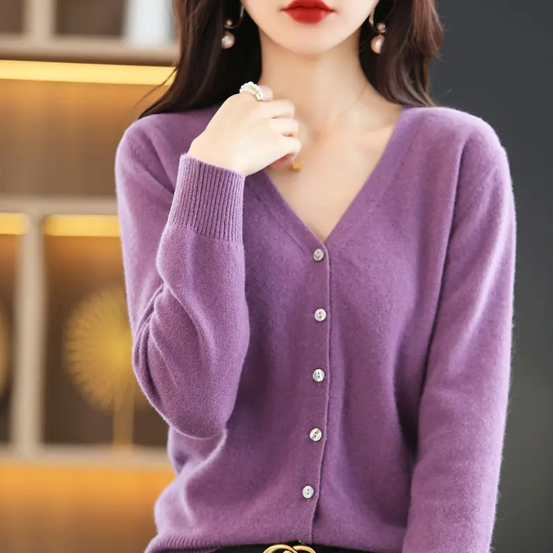 Women's Knitted V-Neck Cardigan Coat White Spring Autumn - Image 14