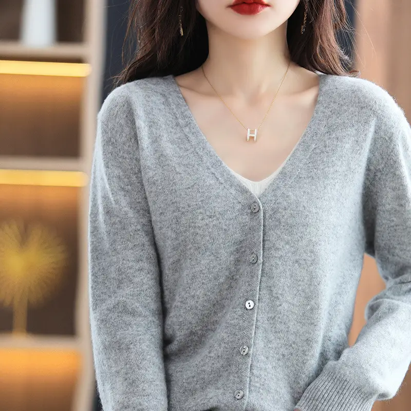 Women's Knitted V-Neck Cardigan Coat White Spring Autumn - Image 16