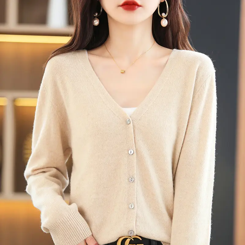 Women's Knitted V-Neck Cardigan Coat White Spring Autumn - Image 10