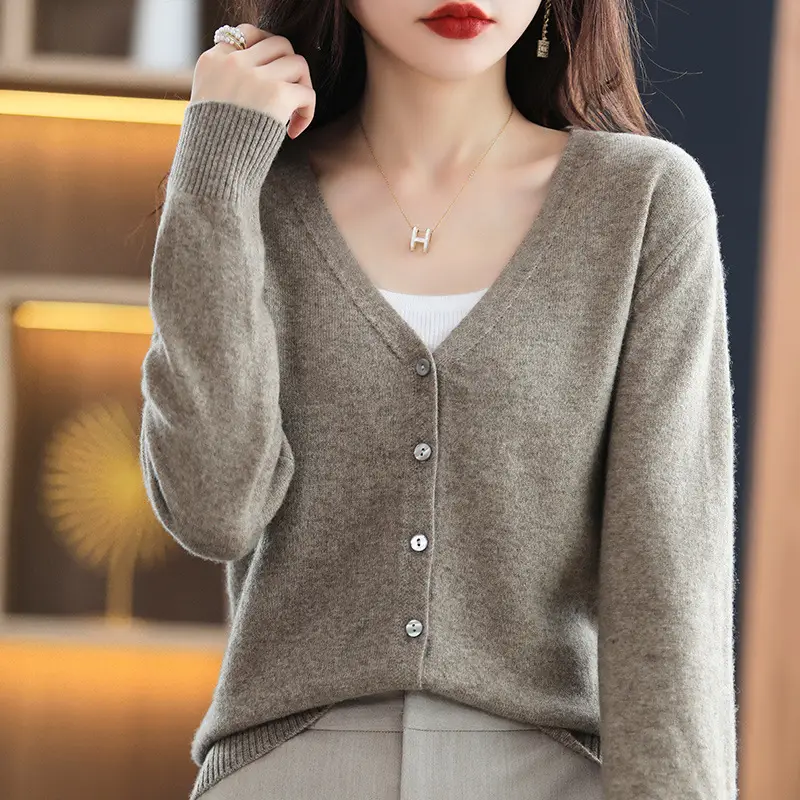 Women's Knitted V-Neck Cardigan Coat White Spring Autumn - Image 11