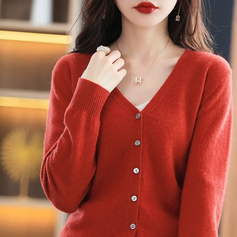 Women's Knitted V-Neck Cardigan Coat White Spring Autumn - Image 12