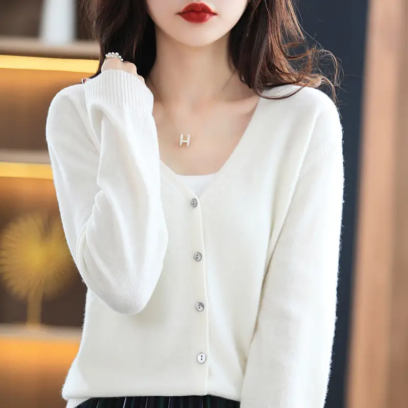 Women's Knitted V-Neck Cardigan Coat White Spring Autumn - Image 2