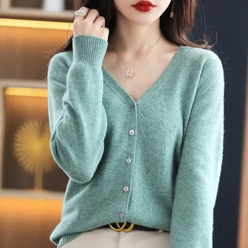 Women's Knitted V-Neck Cardigan Coat White Spring Autumn - Image 3