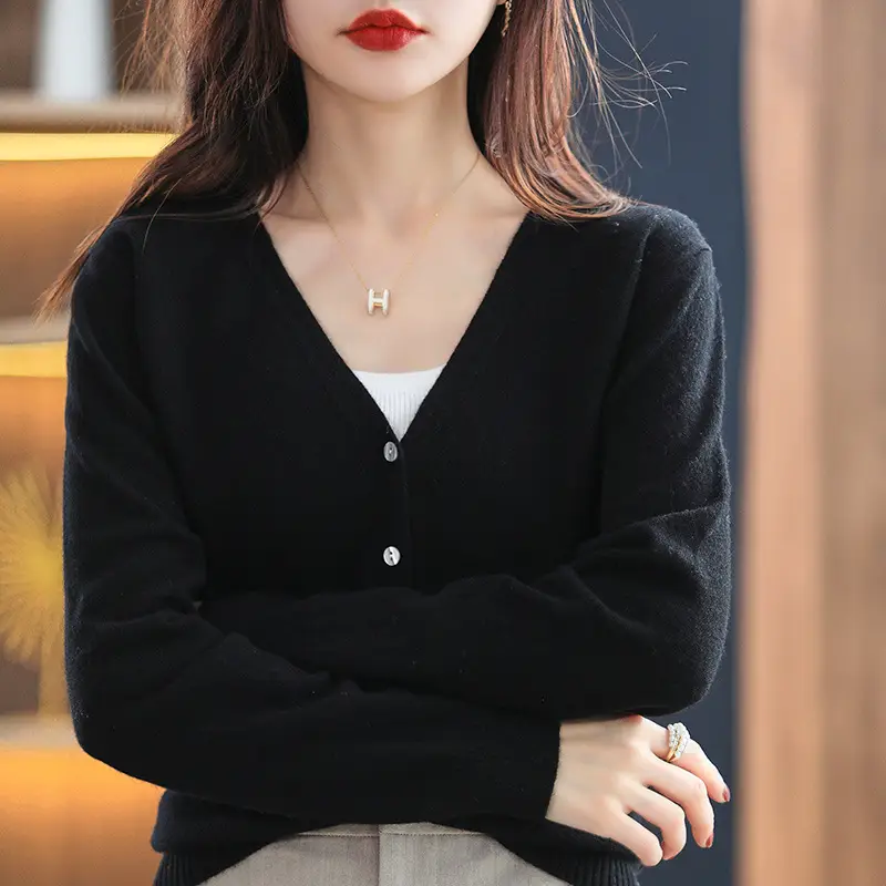 Women's Knitted V-Neck Cardigan Coat White Spring Autumn - Image 4