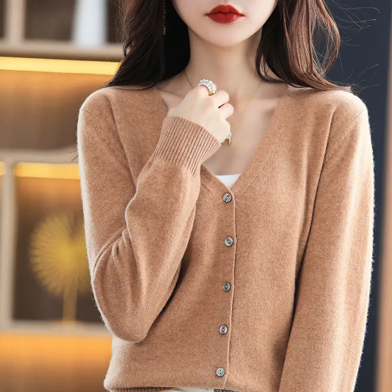 Women's Knitted V-Neck Cardigan Coat White Spring Autumn - Image 5